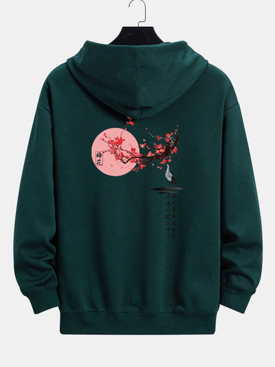 Larry | Plum Blossom And Crane Back Print Relax Fit Hoodie