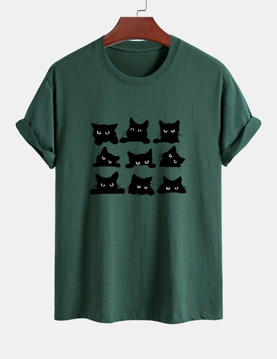 Arán® | Black Cat Staring Print Cotton T-Shirt