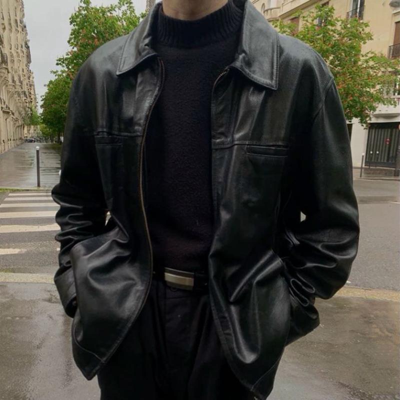 Men's Retro Casal Solid Color Lapel Leather Jacket