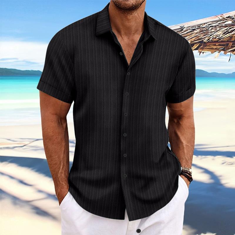 Men's Cotn Linen Stripe Print Loose Short Sleeve Lapel Shirt