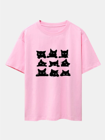 Zacarías® | Black Cat Staring Print Drop Shoulder Oversize T-Shirt