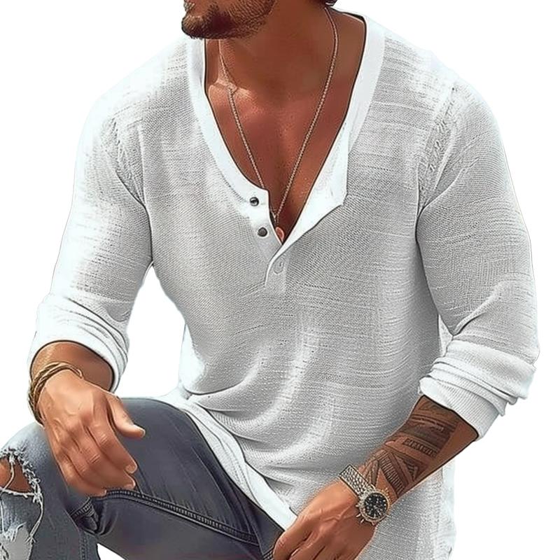 Men's Casal Breathable Cotn Linen  Neck Long-Sleeved T-Shirt