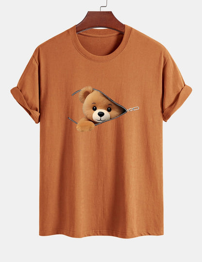 Yeshayahu® | Zipper Bear Print Cotton T-Shirt