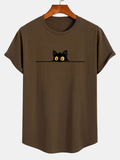 Valerio® | Black Cat Print Cotton Arc Hem T-Shirt