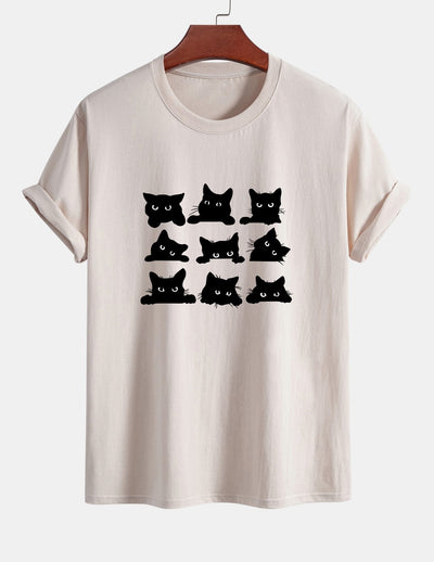 Arán® | Black Cat Staring Print Cotton T-Shirt