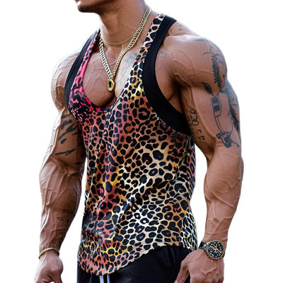 【CLEARANCE】Men's Sexy -Neck Leopard Print Cotn Blend Patchwork Tank