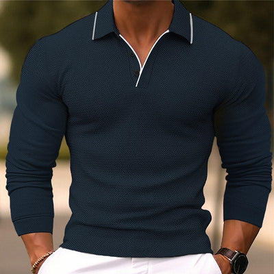 Men's Solid Color Lapel SliFit Cotn Blend Long Sleeve Polo Shirt