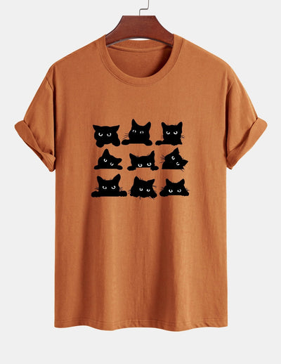 Arán® | Black Cat Staring Print Cotton T-Shirt