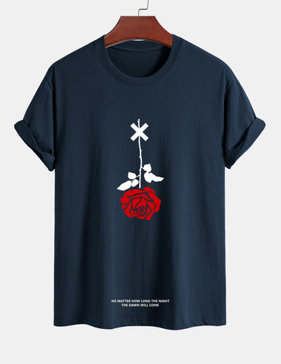 Teobaldo® | Inverted Rose Slogan Print Cotton T-Shirt