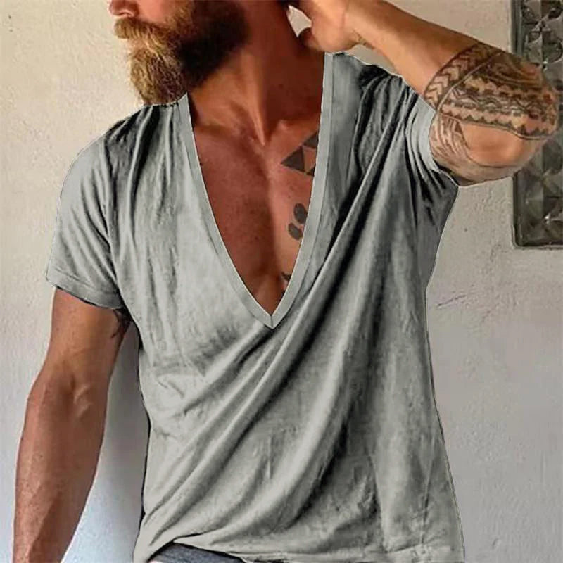 Men's Casal Solid Color Breathable Cotn V-Neck Short-Sleeved T-Shirt