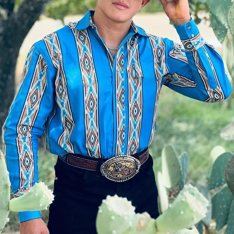 Men's Western DeniPrint Lapel Long Sleeve Shirt