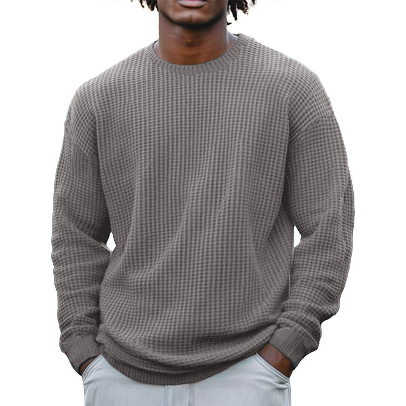 Men's Solid Color Waffle Rond Neck Long Sleeve Sweatshirt