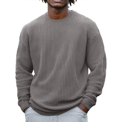 Men's Solid Color Waffle Rond Neck Long Sleeve Sweatshirt