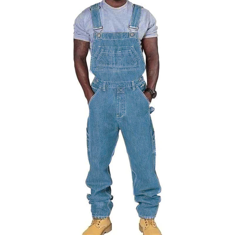 Men's Casual Washed Denim Multi-pocket Loose Overalls