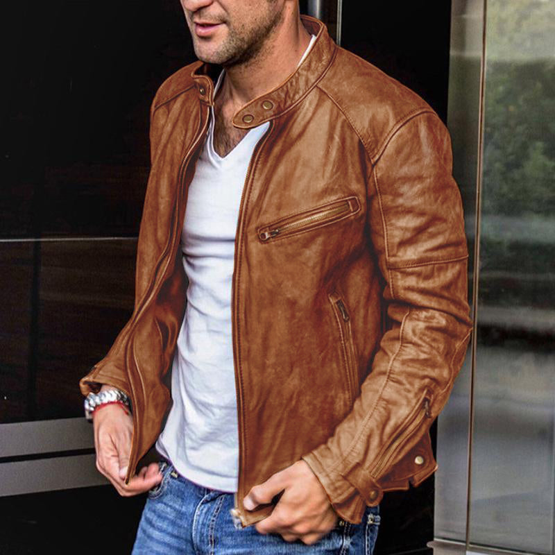 Men's Vintage Stand Collar Punk Zipper Leather Biker Jacket