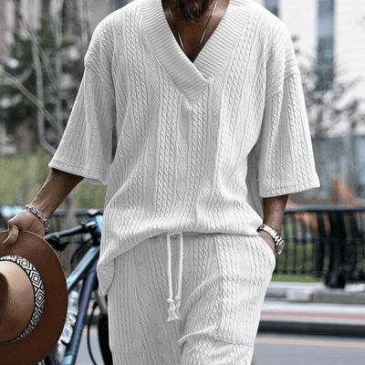 Philip | Men's Knitted Co-ord Set - Short Sleeve Top & Shorts - Men Summer essential V-Neck