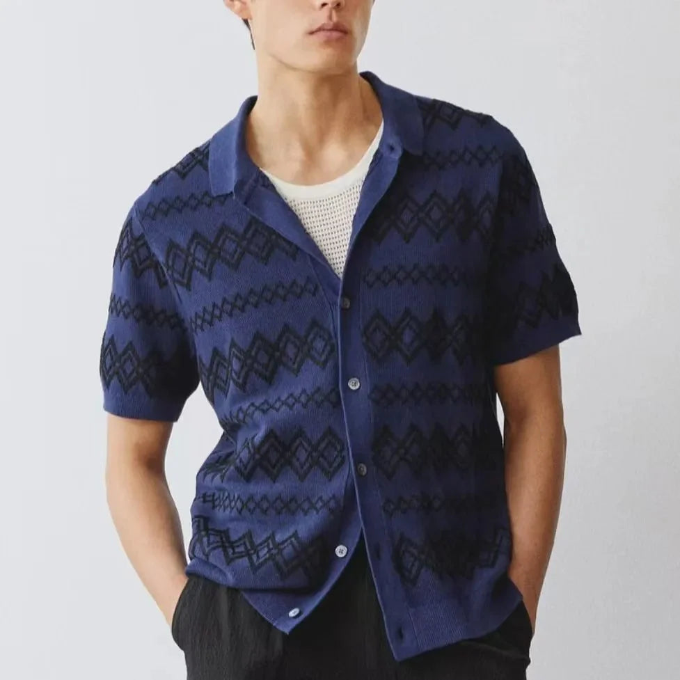 Valentino | Men's Knitted Polo Shirt – Aztec Pattern Button-Up