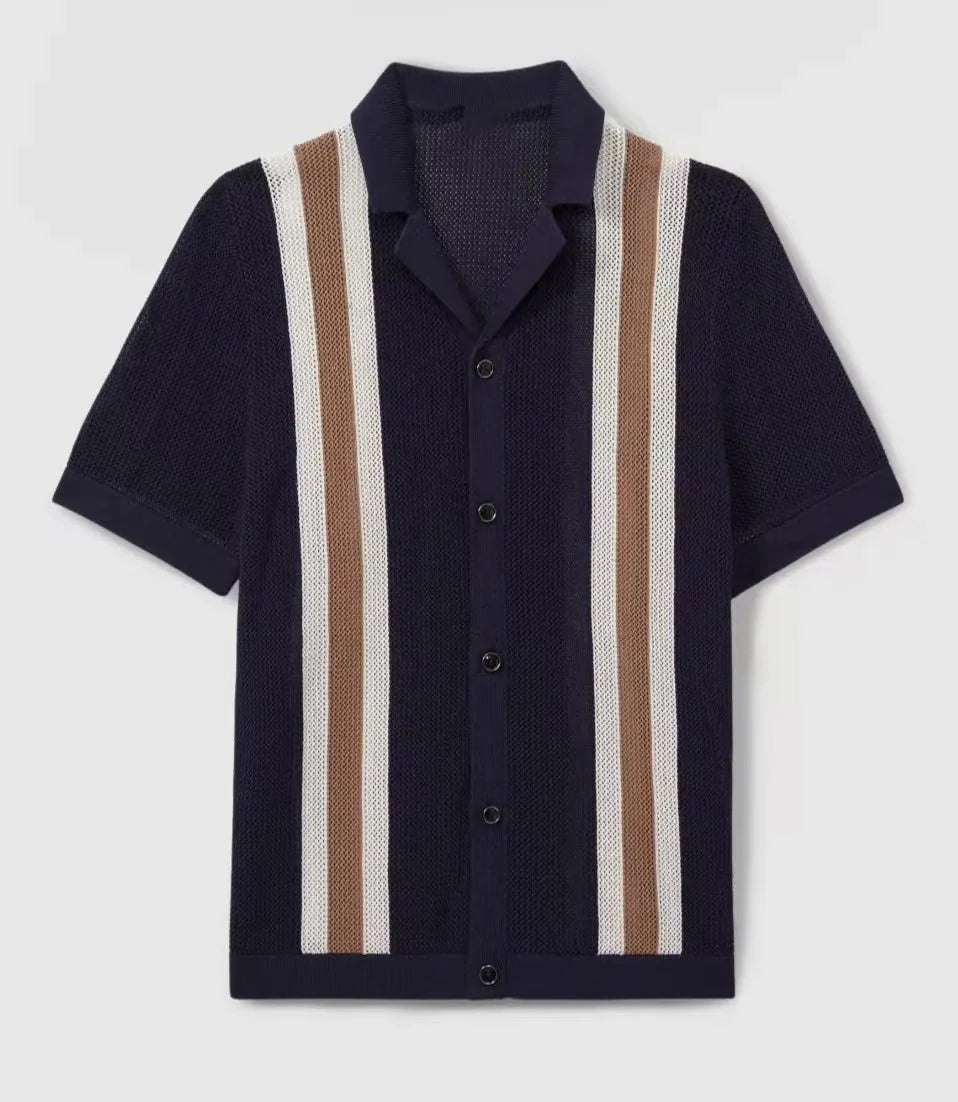 Tobias | Men's Knitted Polo Shirt – Navy Retro Button-Up