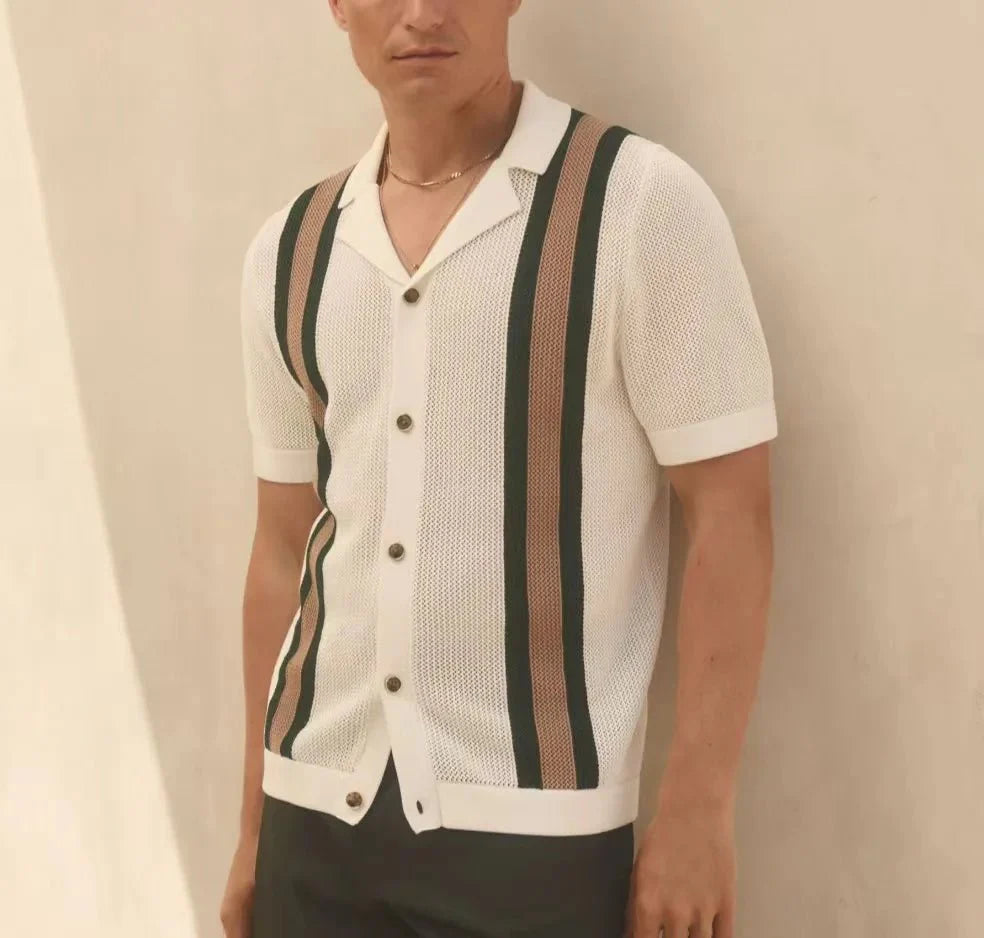 Valerio | Men's Knitted Polo Shirt – Retro Stripe Button-Up