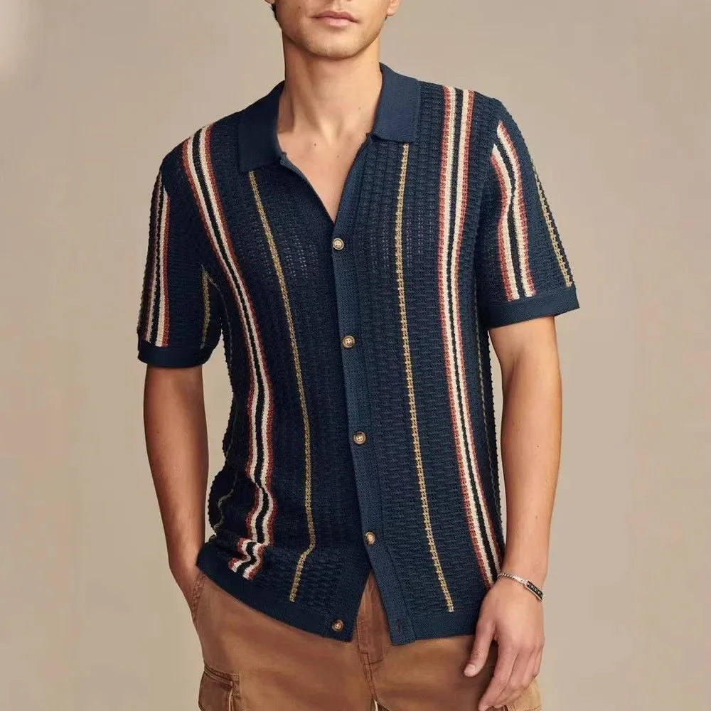 Tristan | Men's Knitted Polo Shirt – Retro Striped Button-Up