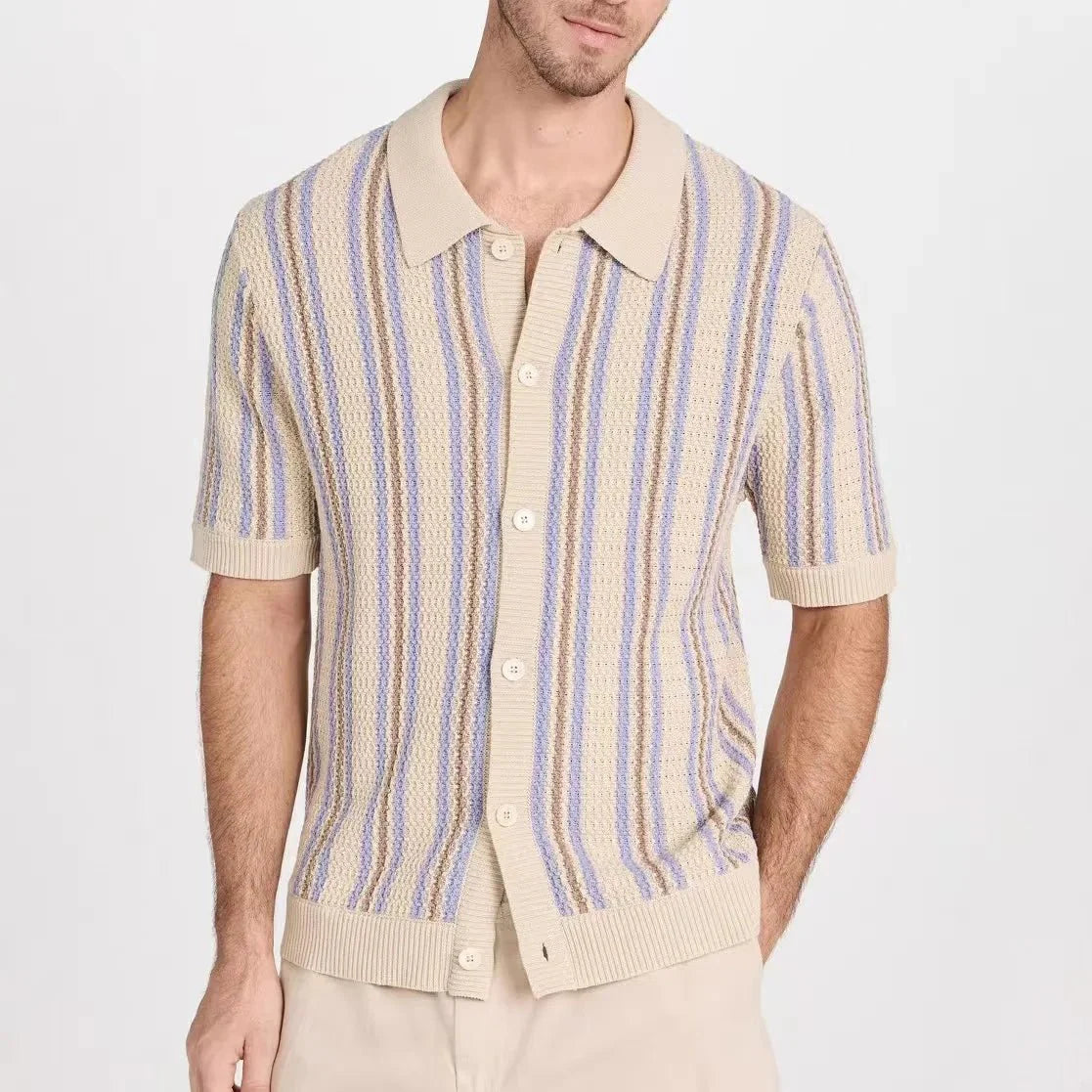 Vasco | Men's Knitted Polo Shirt – Vintage Stripe Button-Up