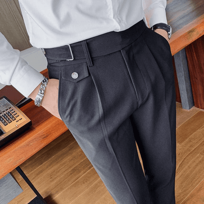 Iker | Men's Pleated British Cotton Trousers - High Waist Tailored Fit Pants - Business