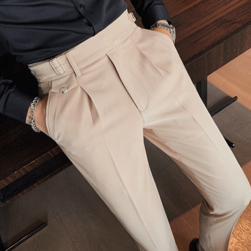 Iker | Men's Pleated British Cotton Trousers - High Waist Tailored Fit Pants - Business