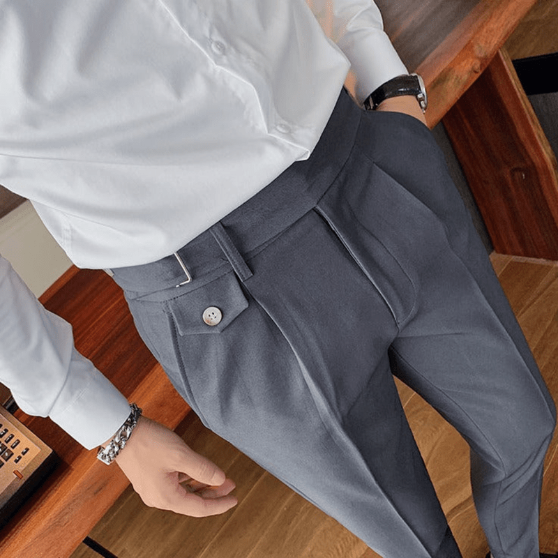 Iker | Men's Pleated British Cotton Trousers - High Waist Tailored Fit Pants - Business