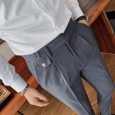 Iker | Men's Pleated British Cotton Trousers - High Waist Tailored Fit Pants - Business