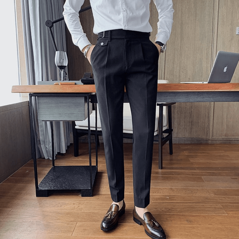 Iker | Men's Pleated British Cotton Trousers - High Waist Tailored Fit Pants - Business