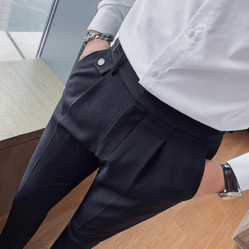 Iker | Men's Pleated British Cotton Trousers - High Waist Tailored Fit Pants - Business