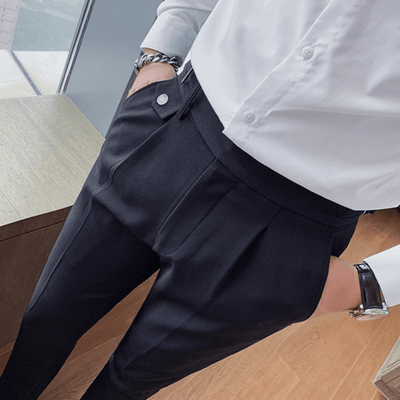 Iker | Men's Pleated British Cotton Trousers - High Waist Tailored Fit Pants - Business