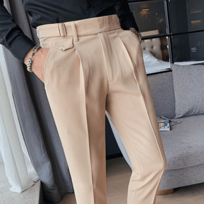 Iker | Men's Pleated British Cotton Trousers - High Waist Tailored Fit Pants - Business