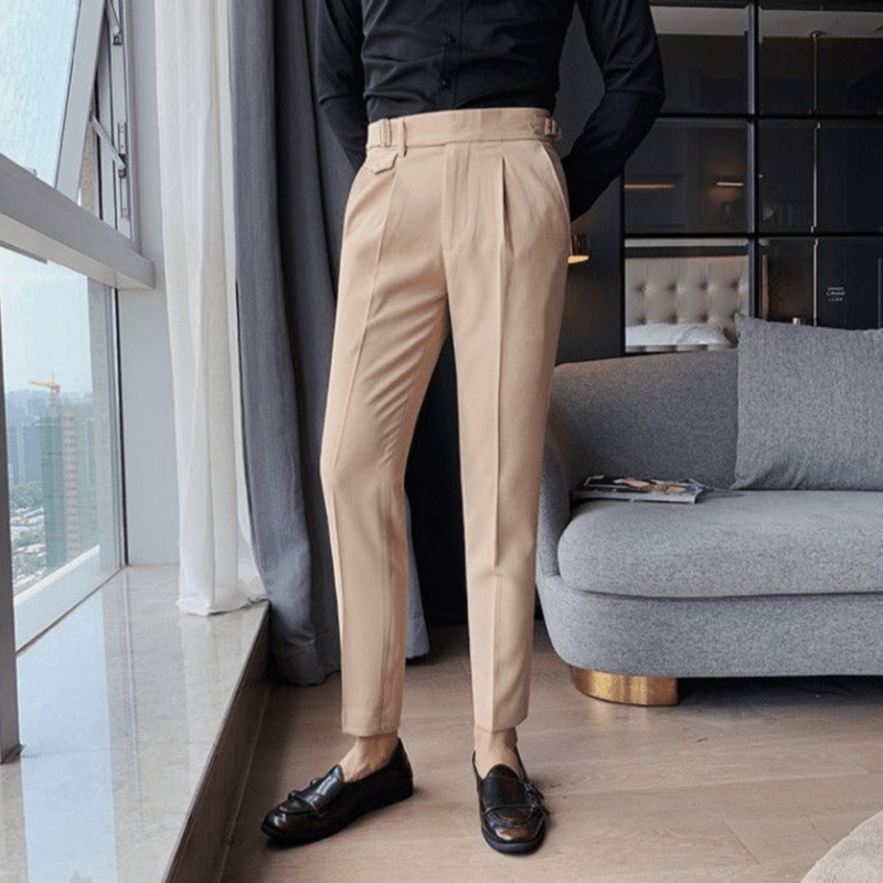 Iker | Men's Pleated British Cotton Trousers - High Waist Tailored Fit Pants - Business
