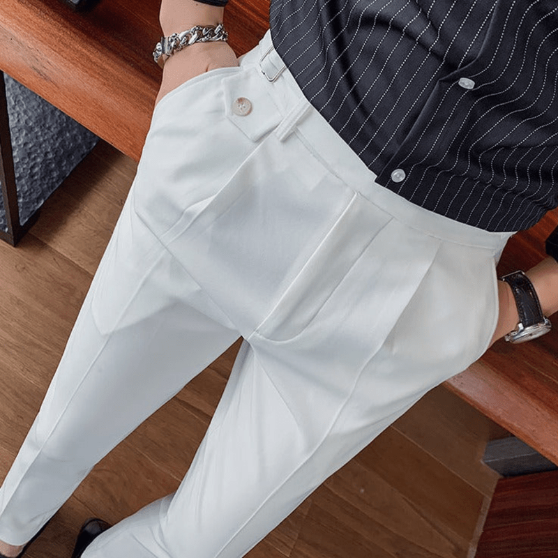 Iker | Men's Pleated British Cotton Trousers - High Waist Tailored Fit Pants - Business