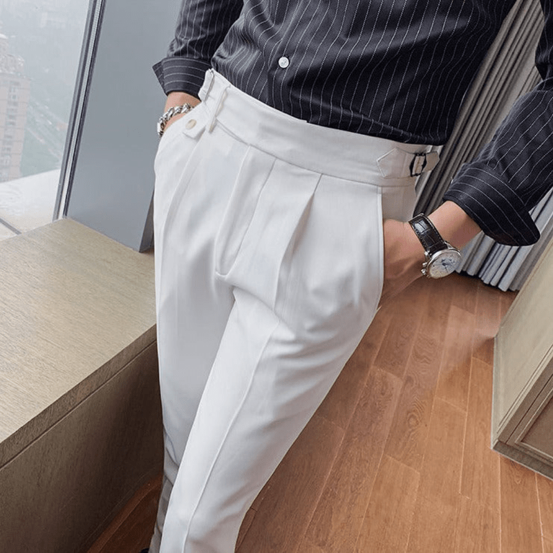 Iker | Men's Pleated British Cotton Trousers - High Waist Tailored Fit Pants - Business