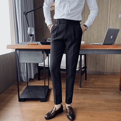 Iker | Men's Pleated British Cotton Trousers - High Waist Tailored Fit Pants - Business