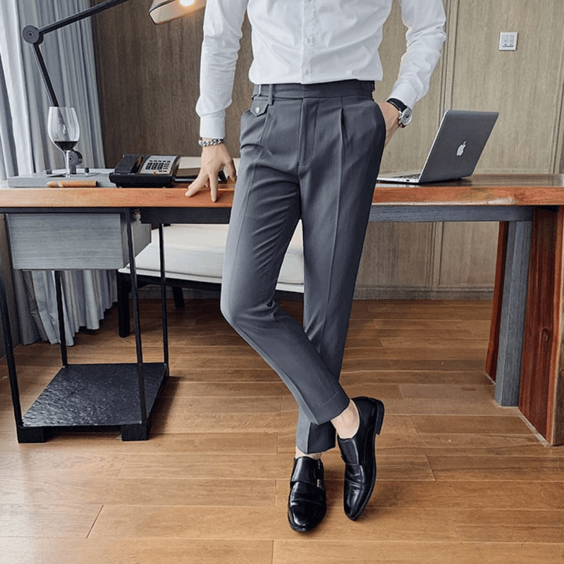 Iker | Men's Pleated British Cotton Trousers - High Waist Tailored Fit Pants - Business