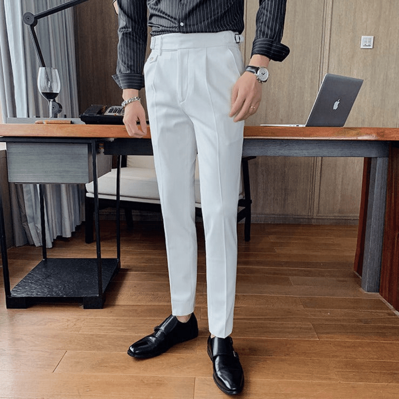 Iker | Men's Pleated British Cotton Trousers - High Waist Tailored Fit Pants - Business
