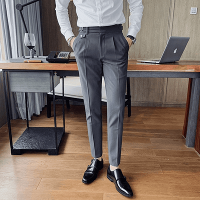 Iker | Men's Pleated British Cotton Trousers - High Waist Tailored Fit Pants - Business