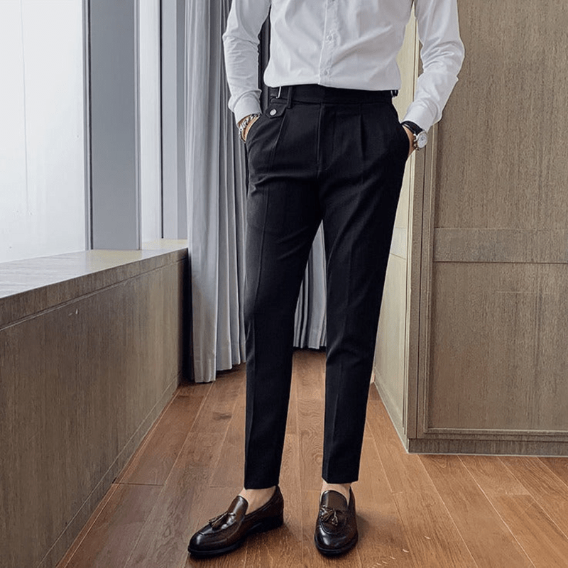 Iker | Men's Pleated British Cotton Trousers - High Waist Tailored Fit Pants - Business