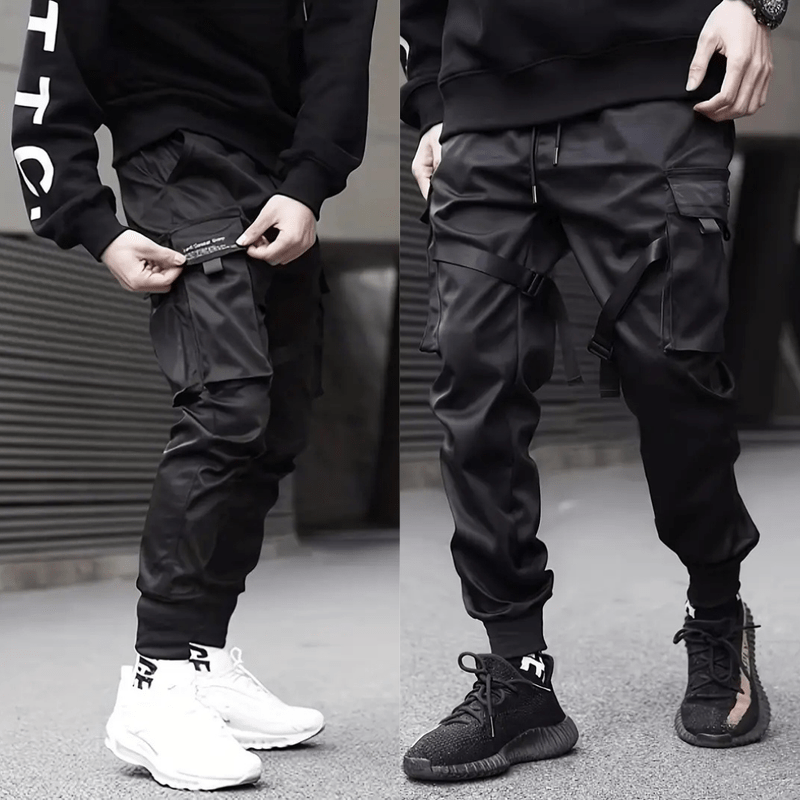Taddeo | Men's Techwear Jogger Cargo Pants – Black Coated Street Style