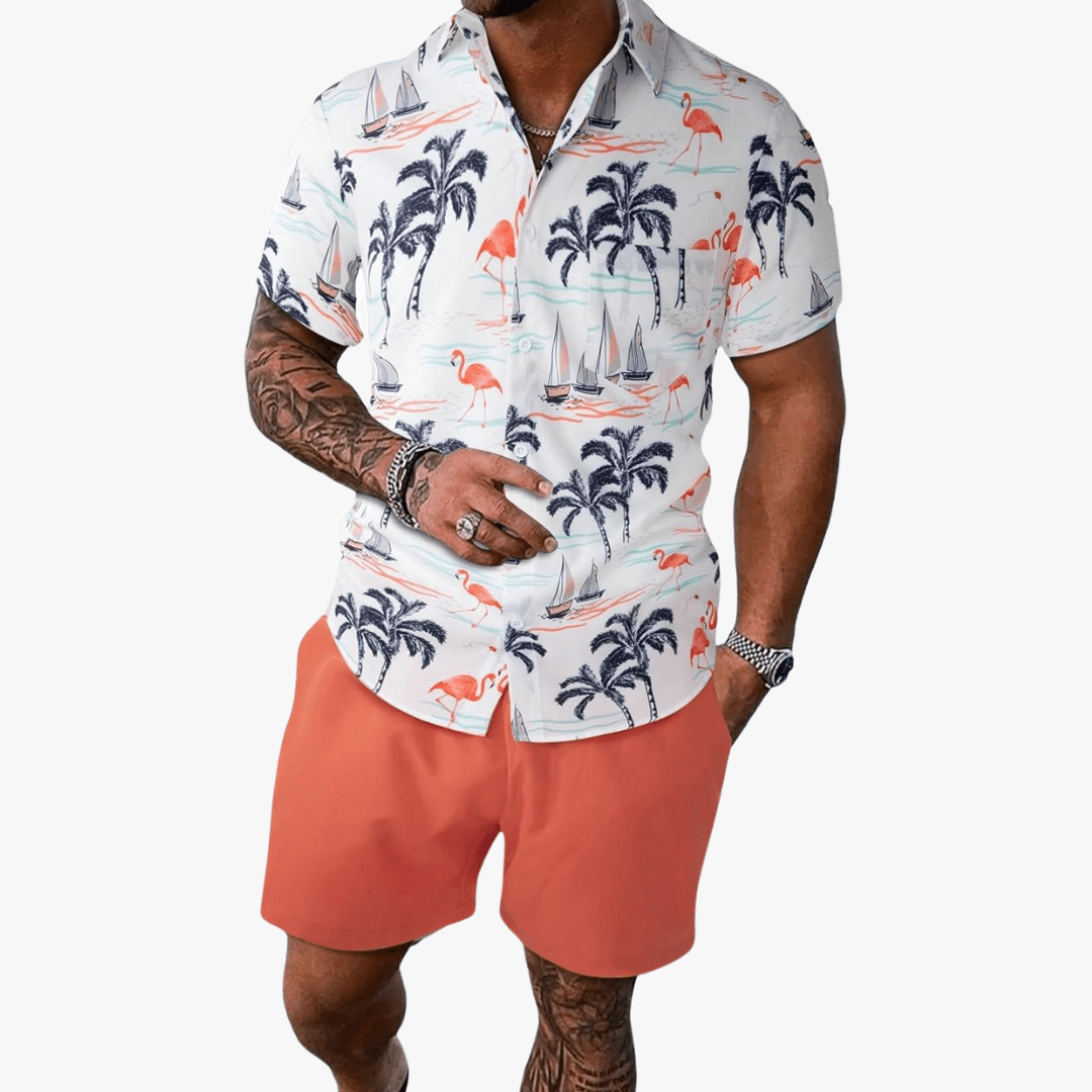 Demian | Men's Two-Piece Summer Outfit – Floral Button Shirt & Drawstring Shorts Set