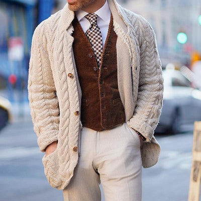 Men's Vine Stand Collar Single Breasted Cablenit Cardigan