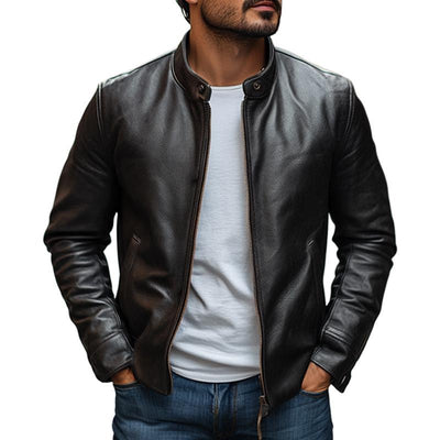 Men's Elegant Stand Collar SliZipper Leather Jacket