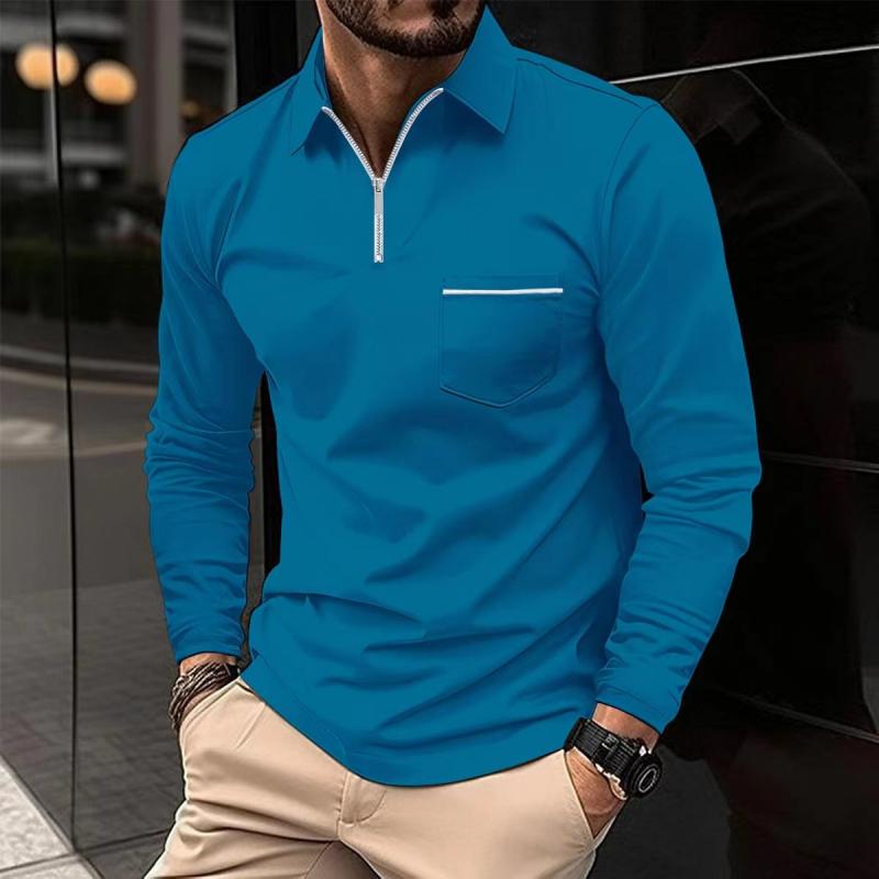 Men's Solidipper Lapel Breast Pocket Long Sleeve Polo Shirt