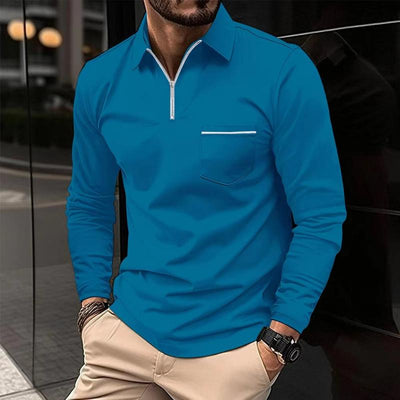 Men's Solidipper Lapel Breast Pocket Long Sleeve Polo Shirt