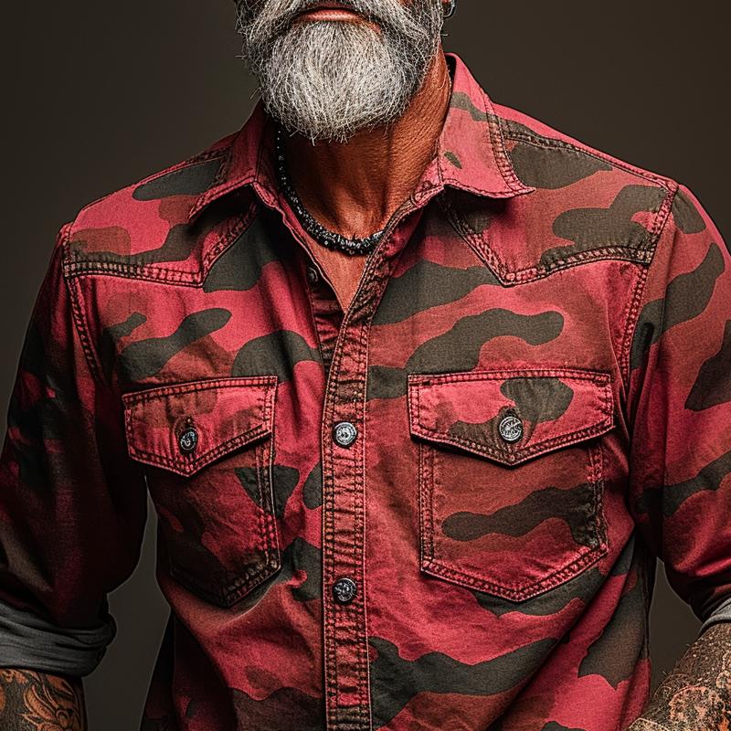 Men's Camoflage Lapel Chest Pocket Cargo Shirt