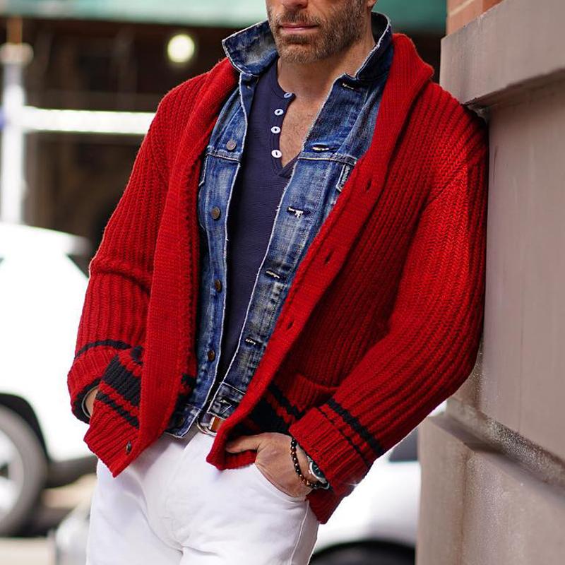 Men's Vine Color Block Striped Lapel Single-breastednit Cardigan