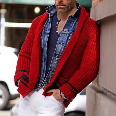 Men's Vine Color Block Striped Lapel Single-breastednit Cardigan